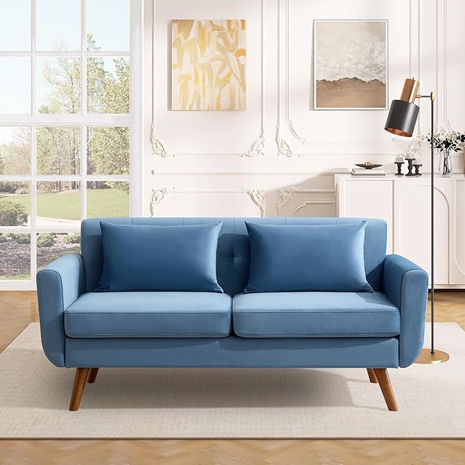 Tbfit 65" W Loveseat Sofa, Velvet Mid Century Modern Love Seat Couches for Living Room, Button Tufted Upholstered Small Couch for Bedroom, Solid and Easy to Install Love Seats Furniture, Blue