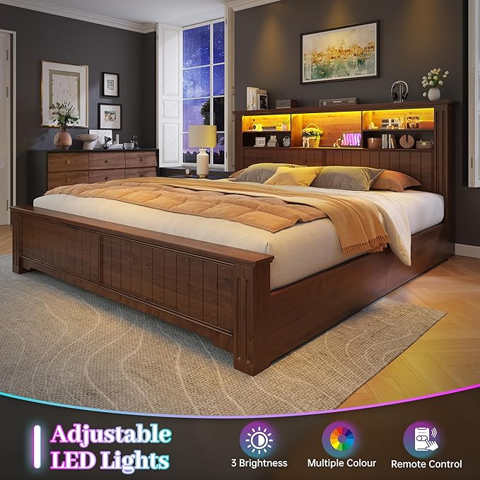 EnHomee Queen Bed Frame with 4 Storage Drawers, Bed Frame Queen Size with Headboard, Queen Bed with LED Lights & Charging Ports,No Box Spring Needed,NO Noise,Wooden, Brown