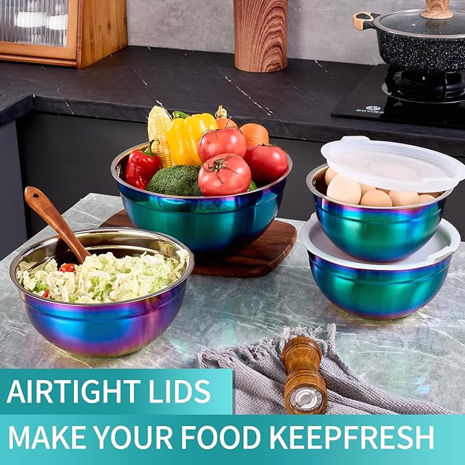 MEADLY Colorful Mixing Salad Bowls With Lids Set of 4, Stainless Steel Nesting Bowl with white Lid,Dishwasher Safe,Home kitchen Mixing Prepping Storing Serving,size of 5.5,3.6,2.1,1.5,Qt