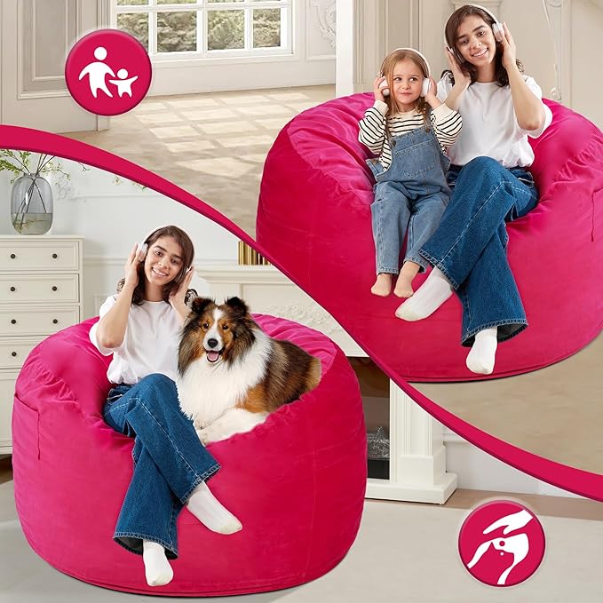 Homguava 3FT Bean Bag Chair: 3' Bean Bags with Memory Foam Filled, Large Beanbag Chairs Soft Sofa with Dutch Velvet Cover-Pink