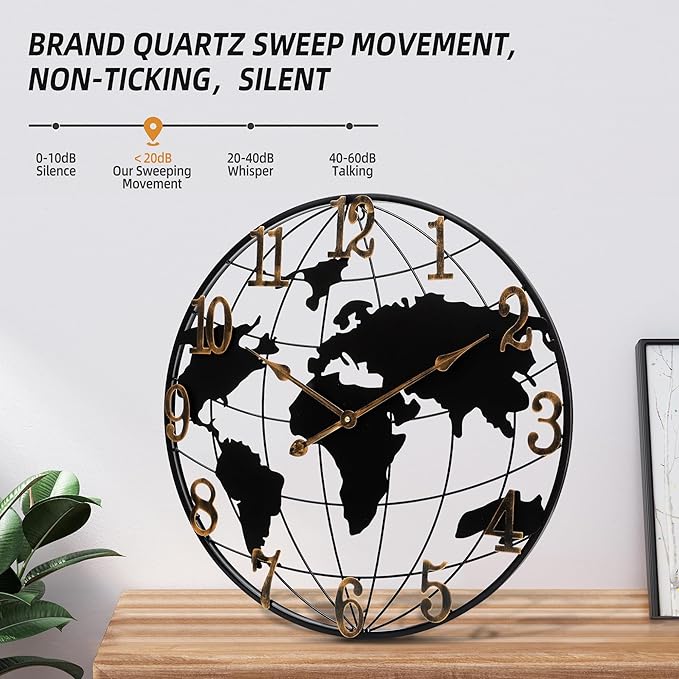 Large Wall Clock - 20 Inch World Map Minimalist Modern Round Metal Wall Clock Silent Non-Ticking Battery Operated Wall Clocks for Living Room Kitchen Office Farmhouse Home Decor