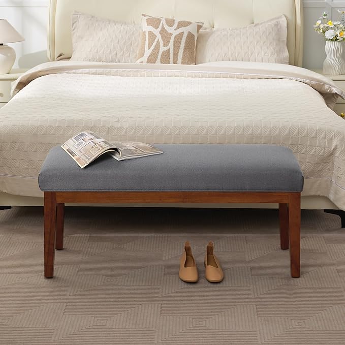 43.5'' Linen Bedroom Bench, Upholstered End of Bed Bench, Padded Vintage Dining Bench, Entryway Bench with Solid Wood Legs, Kitchen, Living Room, Hallway, Dark Grey
