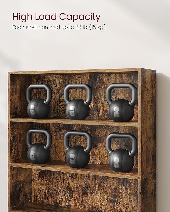 VASAGLE Custos Collection - Bookshelf, 5-Tier Bookcase, Book Shelf, Open Storage Shelf, 9.4 x 30 x 52.8 Inches, for Living Room, Home Office, Dinning Room, Rustic Brown ULBC175X01