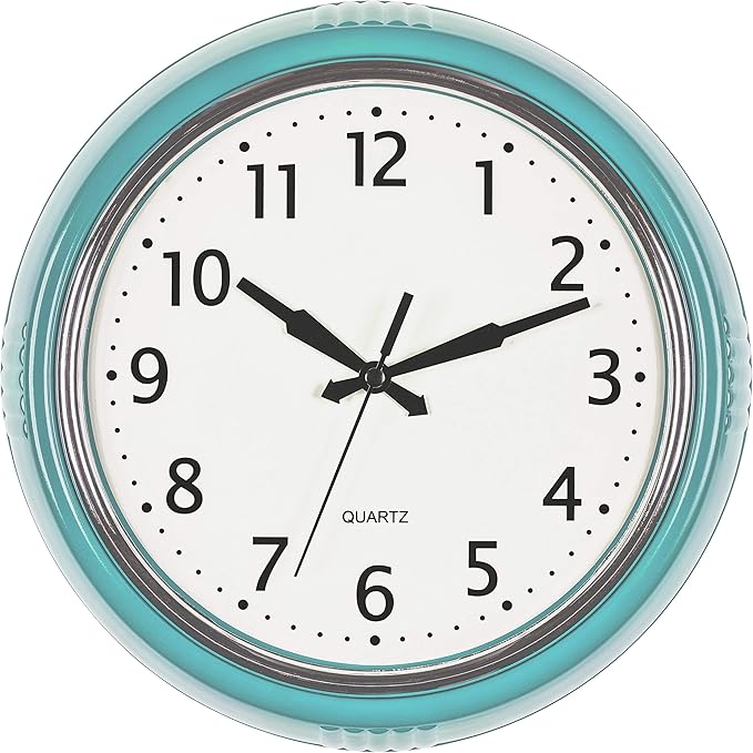 Bernhard Products Retro Wall Clock 9.5 Inch Blue Kitchen 50's Vintage Design Round Silent Non Ticking Battery Operated Quality Quartz Clock (Robin Egg Blue)