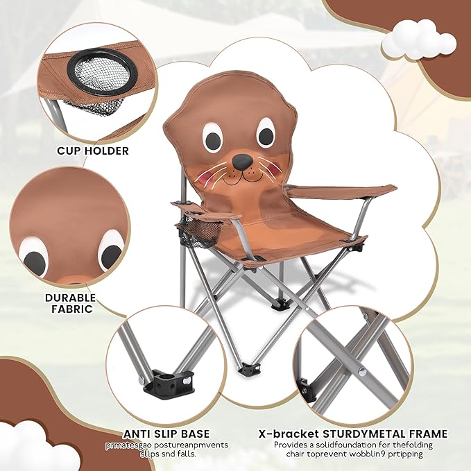 XMT Kids Folding Chair with Cup Holder - Portable Lightweight Outdoor & Indoor Chair for Children Ages 3-9, Anti-Slip Base, Sturdy Metal Frame, Compact Foldable Design with Carry Bag (Yellow/Brown)