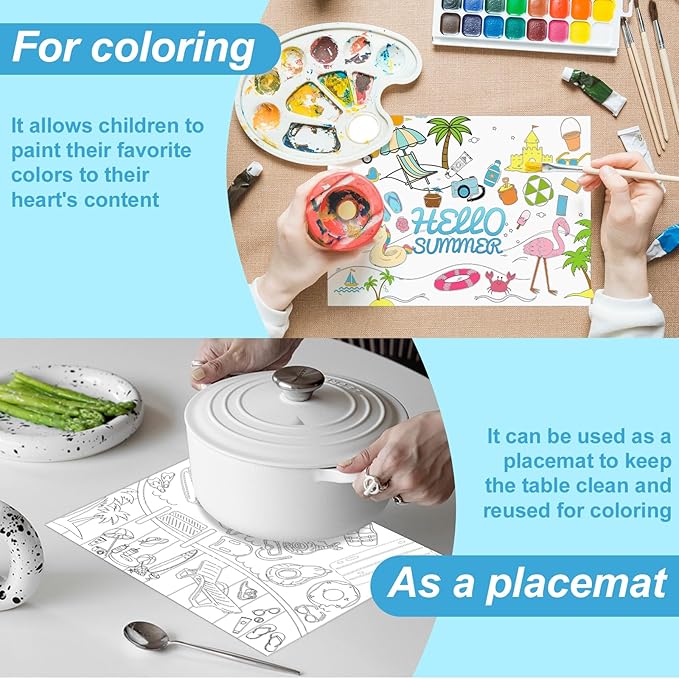 150 PCs Hello Summer Placemats Beach Theme Disposable Paper Placemats 14.2 * 10.2 Inch Coloring Sheets Bulk Disposable Dining Table Mats Party Holiday Table Decorations for Kids