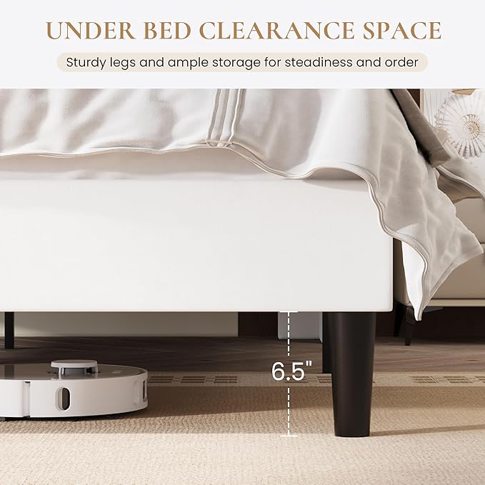 SHA CERLIN Full Size Bed Frame with Charging Station, Velvet Upholstered Platform Bed, Wingback Storage Headboard, Type-C & USB Ports, Strong Wooden Slats, No Box Spring Needed, Easy Assembly, White