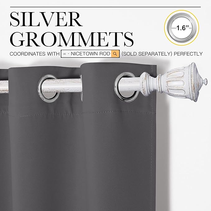 NICETOWN Bedroom Curtains Blackout Drapery Panels, Three Pass Microfiber Thermal Insulated Solid Ring Top Blackout Window Curtains/Drapes (Two Panels, 42 x 50 inches, Gray)