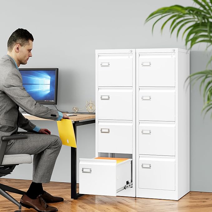 SISESOL 4 Drawer File Cabinet with Lock and Tag,White Vertical File Cabinet,Narrow Locking Filing Cabinets with Drawers,Metal Filing Storage for Home Office Fit A4 Legal/Letter Size,-Assembly Required