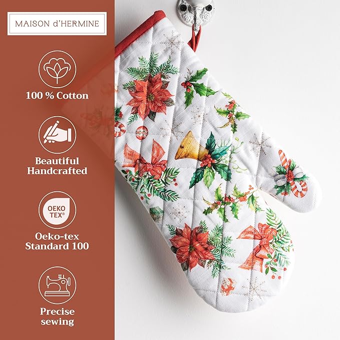 Maison d' Hermine Oven Gloves 100% Cotton Oven Mitt 7" x 13" with Loop Heat Resistant BBQ Cooking Gloves for Thanksgiving Christmas Decorations Baking Handling Hot Pans (Pack of 1, Chromo)
