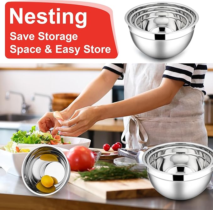 E-far Mixing Bowls with Lids, 6-Piece Stainless Steel Salad Bowls Metal Nesting Bowls for Baking Cooking and Prepping, Airtight Lids & Stackable Design, Size 4.5, 3, 1.5 QT (Red)