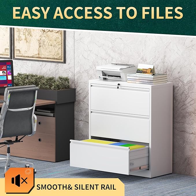 3 Drawer Lateral File Cabinet with Lock, Metal File Cabinets for Home Office, Steel Heavy-Duty Filing Storage Cabinet for Letters/Legal/A4 (Require Assembly, White)