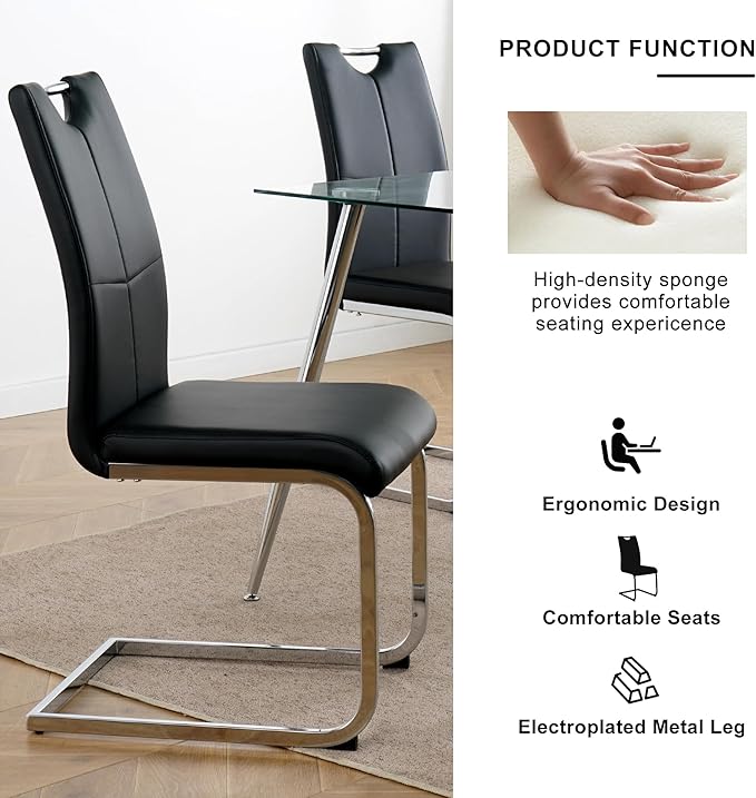 Modern Glass Dining Table Set for 6, Silver Glass Kitchen Table and Chairs Set of 6, 7 Piece Dining Room Table Set with 61" Rectangular Metal Glass Dinner Table and 6 Black Leather Dining Chairs