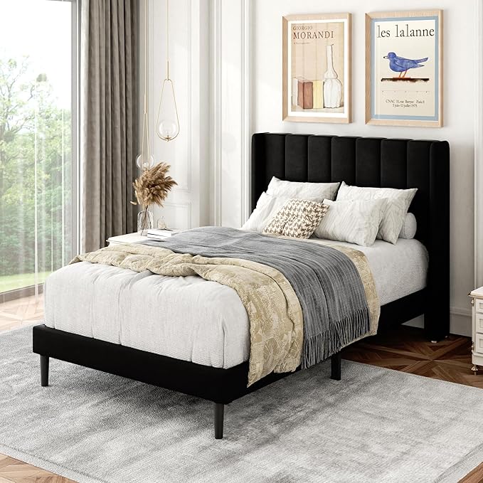 Twin Size Bed Frame with Upholstered Wingback Headboard, Easy Assemnly Platform Bed, Wooden Slat Support No Box Spring Needed, Black