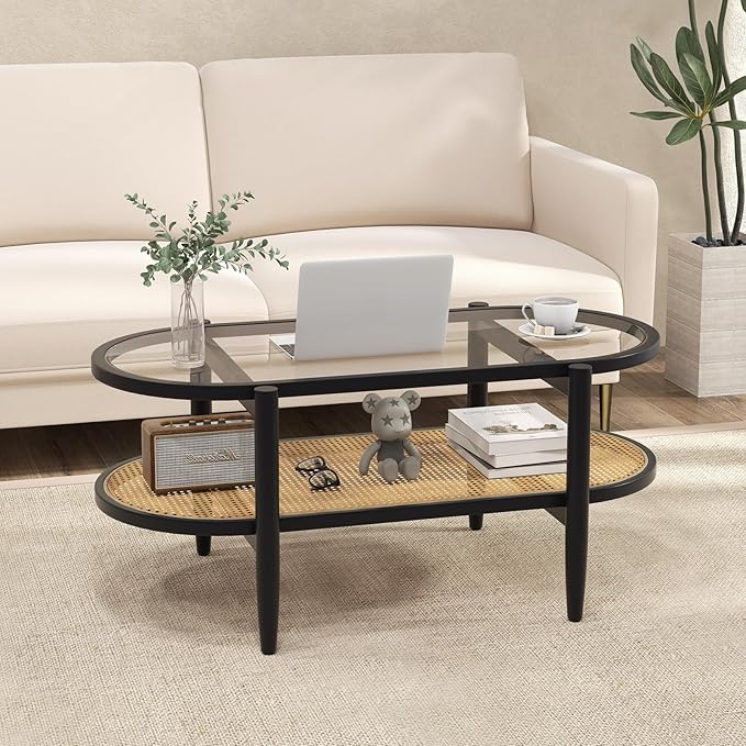 MAT EXPERT Rattan Coffee Table, 2 Tier Boho Oval Living Room Table w/Glass Tabletop Wood Frame & Storage Shelf, 40’’L Mid Century Modern Tea Table, Center Table for Living Room Home Office, Black