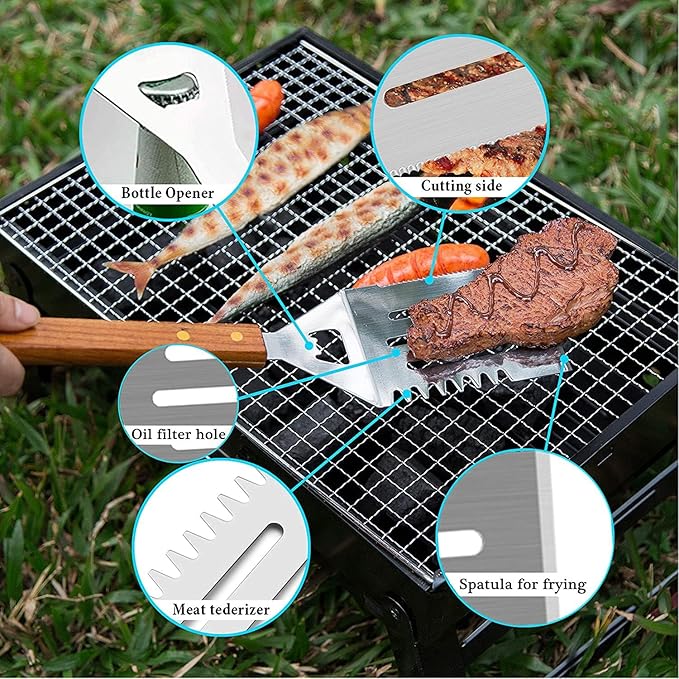 BBQ Grill Tools Set Stainless Steel, BBQ Grilling Accessories with Wood Handles, Barbecue Grill Utensils for Outdoor, Ideal BBQ Tools Gift for Grilling Lover. (3B)