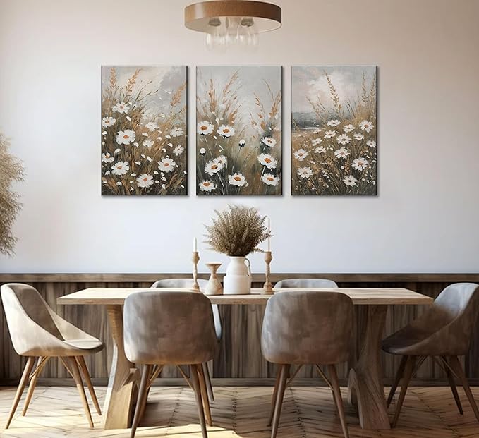 3 Pcs Vintage Wildflowers Field Canvas Wall art Farmhouse Rustic Wildflower Nature Landscape Painting Pictures Wall Decor Posters Print Artwork for Living Room Bathroom Home Decoration
