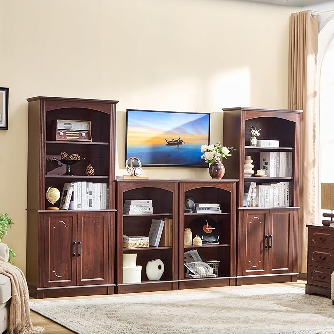 5 Tier Book Shelf and Bookshelf with Storage Cabinet Doors, 72 Inch Tall Bookcase, Wooden Cube Storage Organizer, Kids Bookshelf, Display Cabinet for Bedroom Furniture, Living Room, Pantry Cherry