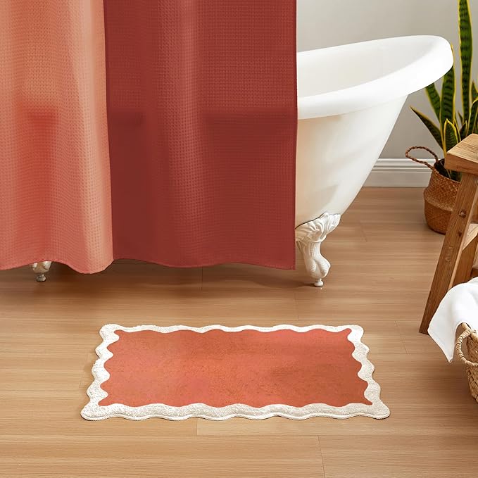 MONDAY MOOSE Bath Mat with Scalloped Wavy Ripple Design, Microfiber Absorbent Non Slip Tufted Rug for Floor, Shower or Kitchen (16x24 inch, Terracotta)