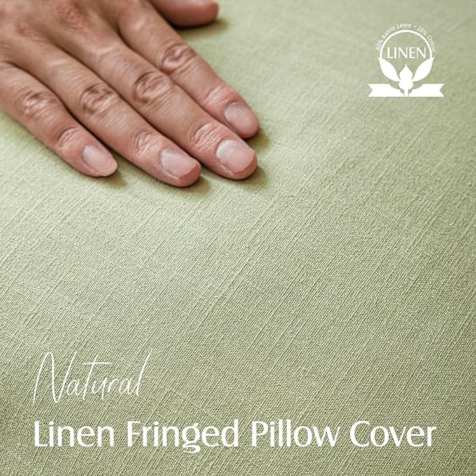 Foindtower Set of 2 Decorative Linen Fringe Throw Pillow Covers Cozy Boho Farmhouse Cushion Cover with Tassels Accent Pillowcase for Couch Sofa Bed Living Room Home Decor,26×26 Inch,Light Sage Green