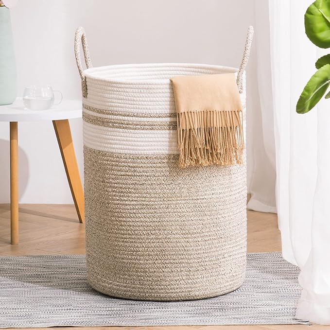 Woven Rope Laundry Hamper Basket, 72L Tall Luandry Basket, Baby Nursery Hamper for Blanket Storage, Clothes Hamper for Laundry in Bedroom-Large-Brown
