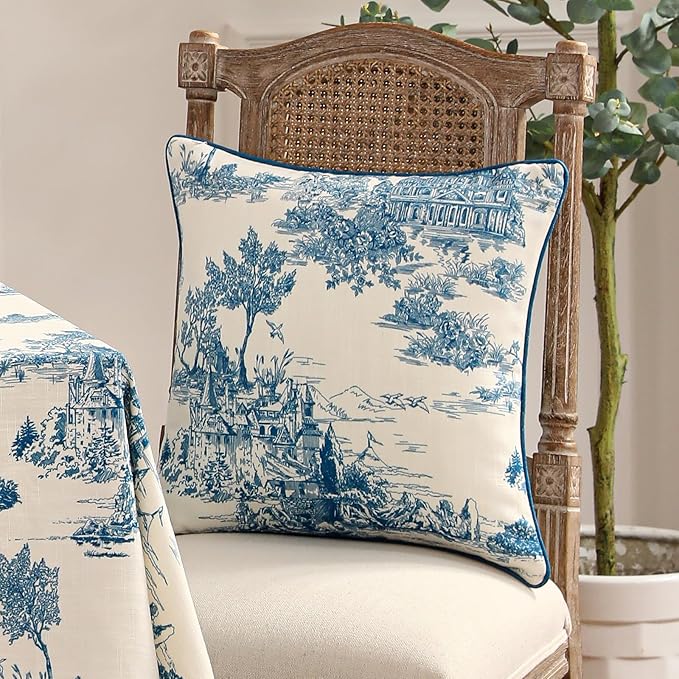 patdrea Designer Square Throw Pillow Covers Set of 2,Rustic Linen with Chinoiserie Blue Scenery Pattern Pillows Cover,Decorative Pillowcases Cushion for Bed Living Room Outdoor Car,18 x18 Inches