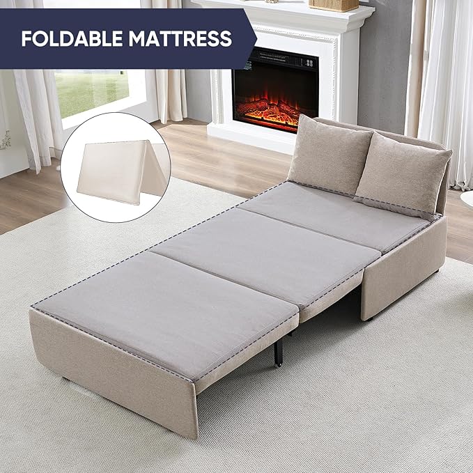 Sofa Bed, Full Size 2 in 1 Pull Out Sofa Couch Bed with Cushions & Throw Pillows & Wheels, Modern Linen Convertible Foldable Sleeper Sofas Couch for Small Spaces, Living Room Furniture - Beige