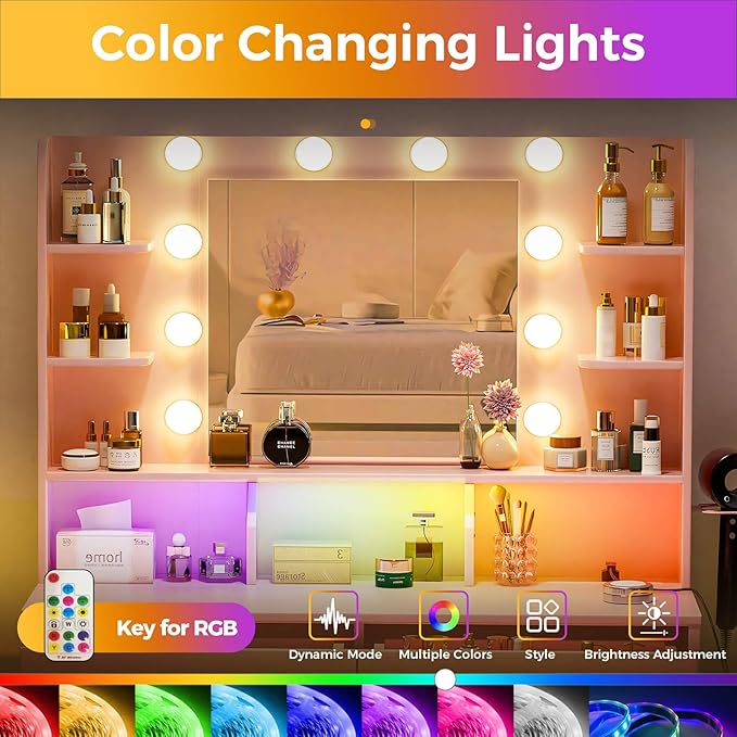 COMHOMA Vanity Desk with Lighted Mirror and Power Outlet, RGB LED Lights Makeup Vanity Set for Girls, Large Storage Capacity Dressing Table for Bedroom, 3 Lighting Modes Adjustable Brightness, Pink