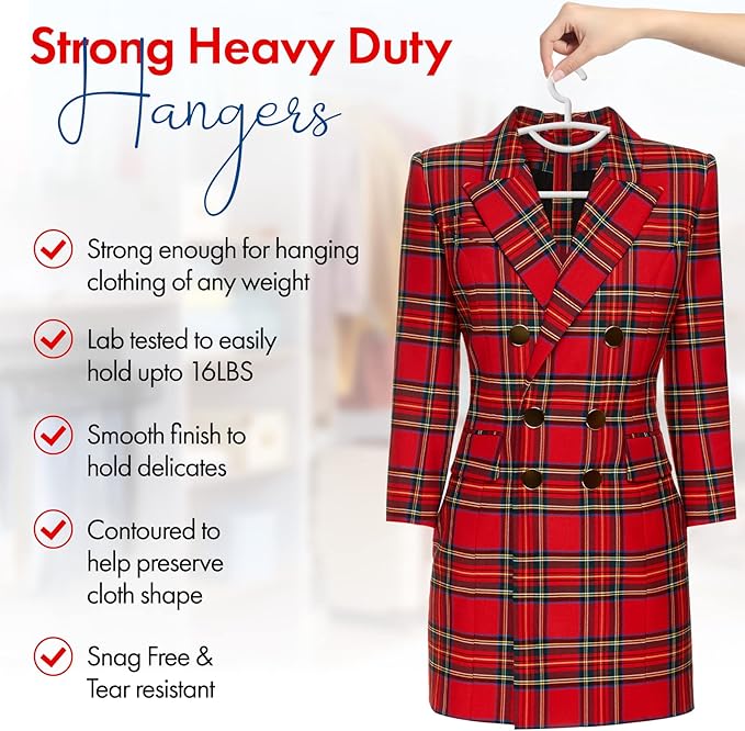 Plastic Clothes Hangers- Heavy Duty Plastic Hangers for Clothes, Coats, Dress, Suits- Non Slip Closet Cloth Hanger with Hook for Scarves, Belts & Ties- Snag Free White Hangers for Shirts (Pack of 8)
