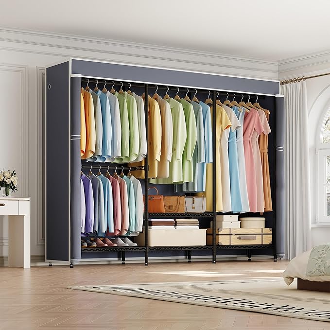 H8 Heavy Duty Clothes Rack with Cover, Covered Garment Rack with Shelves, Wardrobe Closet with Cover, Portable Closet Organizer Storage, Black Clothing Rack with Grey Cover