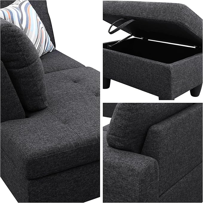 L-Shaped Sectional Sofa with Movable Chaise & Storage Ottoman, Lounge 3-Piece Modular Convertible Couches for Living Room, Apartment & Office, Black Grey