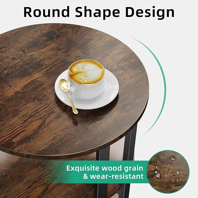Rotating Round Side Table, 3-Tier End Table with Metal Frame, Nightstand for Small Spaces, Side Table Living Room Bedroom Sofa Bathroom, Vintage Brown