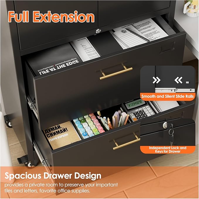 Aobabo Metal 2 Drawers Lateral File Storage Cabinet and Unit Adjustable Shelf Organizer, 2 Door Storage Office Steel Files Cabinet with Wheels, Legal/Letter A4 Size, Assembly Required, Black