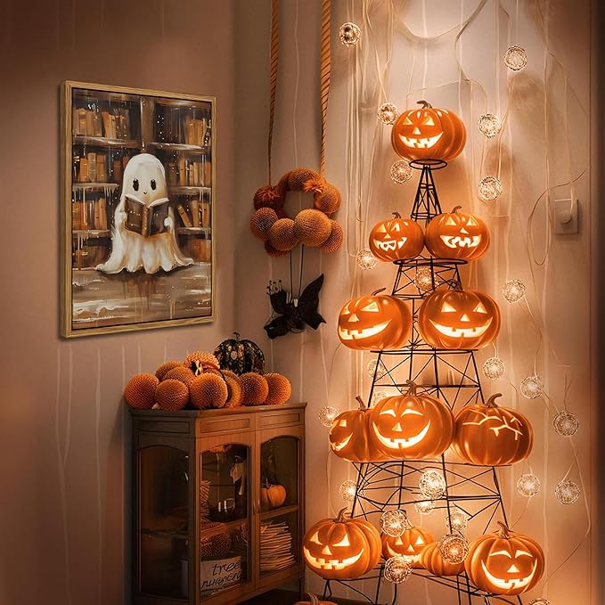 Vintage Framed Ghost Reading Books Canvas Wall Art for Home Office - Halloween Academia Cute Ghost Picture Paintings Prints, Halloween Room Aesthetic Decor for Living Room Bedroom 12x16 inch