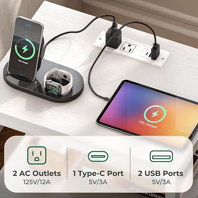 Huuger Night Stand with Charger Station and LED Lights, 4 Drawer Nightstand, Bed Side Table with Open Shelf, End Table, Fabric Dresser for Bedroom, PU Leather, White