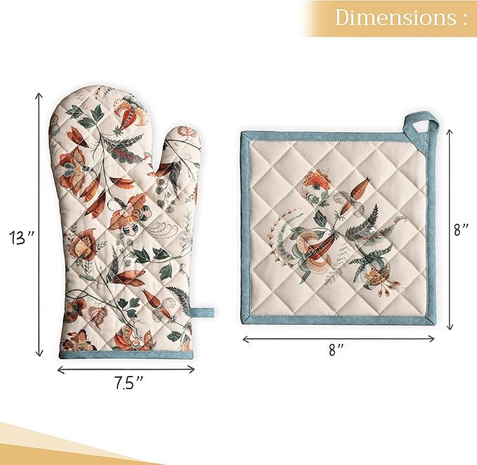 Maison d' Hermine 100% Cotton Oven Mitt & Pot Holder Set (7.5"x13" & 8"x8") Heat Resistant BBQ Cooking Gloves with Loop for Thanksgiving Christmas Decorations Handling Hot Pans (Dalida)