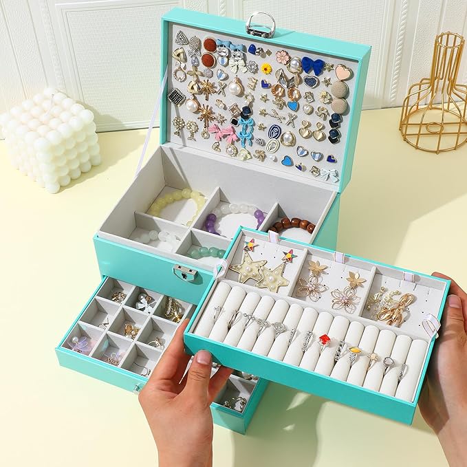 BOOVO Earring Jewelry Box For Women Girl Stud Organizer, 5 Layers Girl Jewelry Organizer Box With Lock Earring Holder Organizer Necklace Ring Jewelry Organizer Box For Girls (Turquoise Blue)