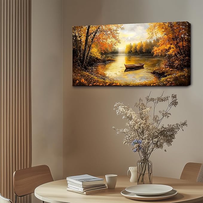 SERIMINO Fall Landscape Large Canvas Wall Art Living Room, Lake Boat Forest Art Prints, Autumn Scenery Nature Decor Pictures, Rustic Gold Paintings Wall Decor Bedroom, Office Decor 30"X60"