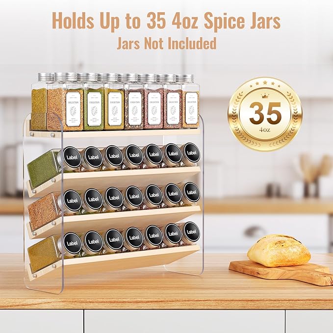 MUDEELA Clear Spice Rack Organizer for Cabinet, 4 Tiered Vertical Spice Shelf, Wooden Material, Seasoning Organizer for Countertop, Kitchen, Pantry, Freestanding, 13.3" W × 11.2" H (No Jars Included)
