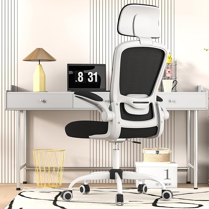 Ergonomic Mesh Office Chair for Long Hours & Back Pain Relief – Adjustable Lumbar Support & Headrest, High-Density Foam Cushion, Flip-Up Armrests, Perfect for Work & Study, White & Black