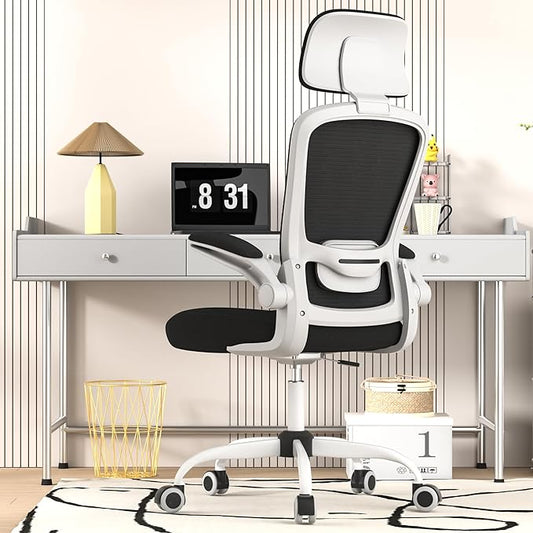Ergonomic Mesh Office Chair for Long Hours & Back Pain Relief – Adjustable Lumbar Support & Headrest, High-Density Foam Cushion, Flip-Up Armrests, Perfect for Work & Study, White & Black