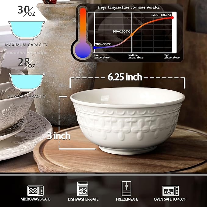 Cereal Bowls Set of 4 - Ceramic Soup Bowls for Kitchen 30 Oz Embossment White Breakfast Bowls for Rice, Pasta, Fruits, Salad, Ramen, 6.25 Inch, Dishwasher & Microwave Safe (Cross Floral)