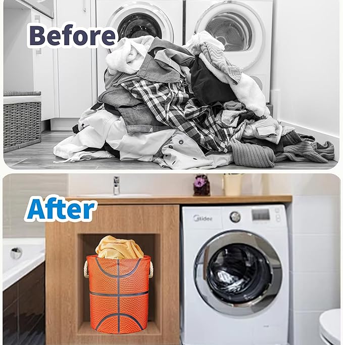 Basketball Texture Laundry Basket for Boys Room Decor, Kids Nursery Hamper for Teen Boy Girl Ball Gift 17.7x13.7 Inch Storage Bucket