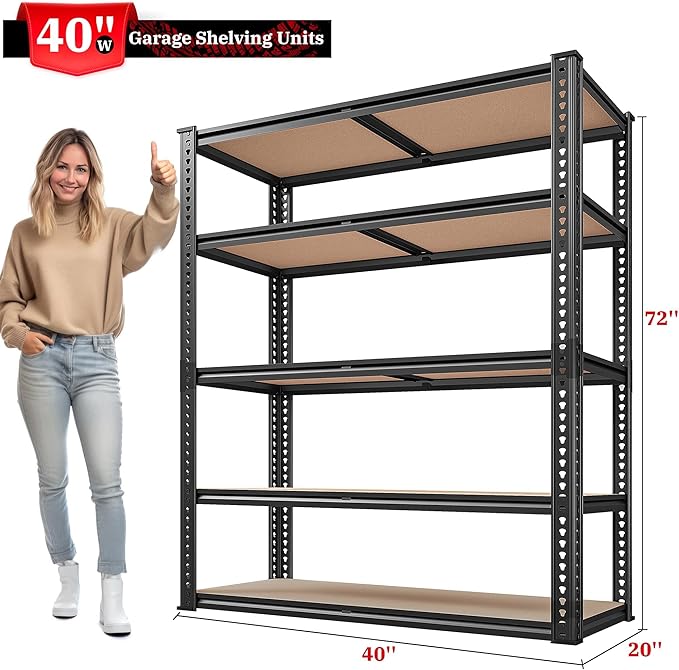 REIBII 2500LBS Garage Shelving Heavy Duty 72''H Storage Shelves 40" W Heavy Duty 5 Tier Metal Shelves Adjustable Pantry Shelf for Closet Pantry Basement Kitchen Warehouse 72" H x 40" W x 20" D, 2 Pack