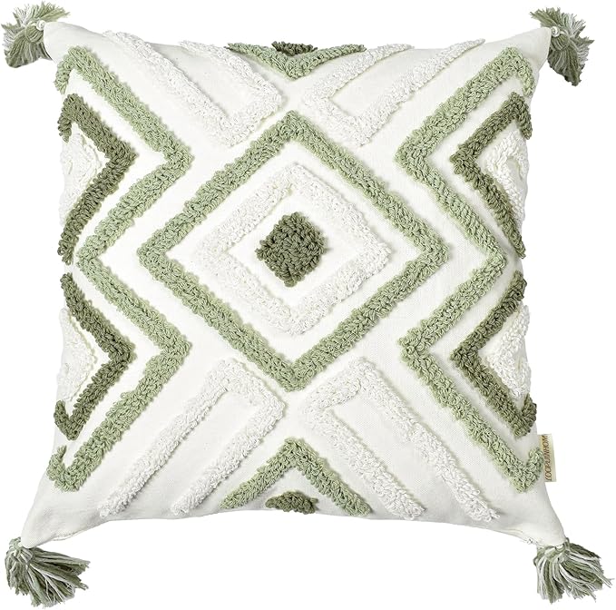 Boho Pillow Covers 18X18 Inch Boho Tufted Throw Pillow Covers Decorative Tassels Cushion Cover Farmhouse Pillow Case for Couch Sofa Bed Living Room Bedroom, Green