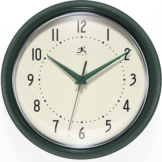 Infinity Instruments LTD. Retro 9 inch Silent Sweep Non-Ticking Mid Century Modern Kitchen Diner Wall Clock Quartz Movement Retro Wall Clock Decorative (Hunter Green)