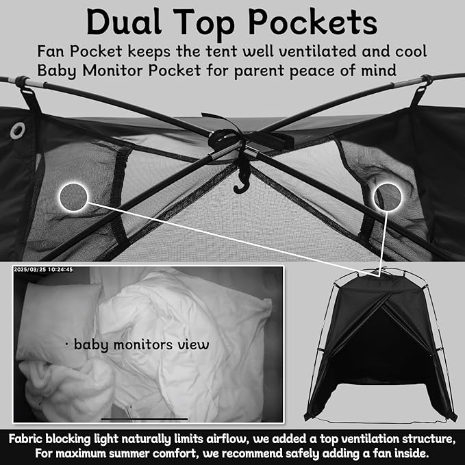 Blackout Tent for Pack and Play, Mini Crib, Kids Travel Bed & Cot, Sleep Pod for Baby & Toddler, Breathable Design with Fan Pouch & Monitor Pouch, Lightweight and Portable