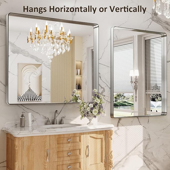 LOAAO 40X36 Inch Brushed Nickel Bathroom Mirror, Rounded Rectangle Silver Metal Frame Mirror, Brushed Nickel, Anti-Rust, Shatter Proof, Hangs Horizontally or Vertically