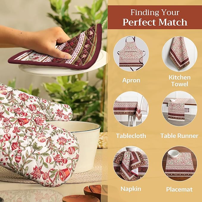 Maison d' Hermine Pot Holders 100% Cotton Heat Resistant Potholders 8" x 8" Hot Pads with Loop for Thanksgiving Christmas Decorations BBQ Cooking Handling Hot Pans (Pack of 1, Reveillon Au Jardin)