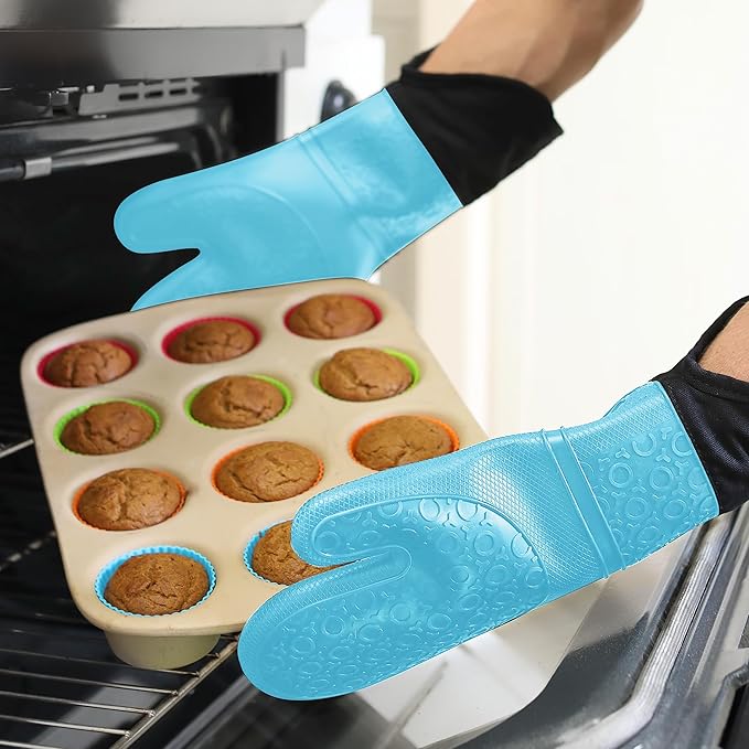 BPA-Free Soft Silicone Oven Mitts - Ultra Heat Resistant Oven Mitts with Thick Cotton Liner - Extra Long Slip Resistant Pot Holders, Flexible Oven Gloves - Aqua/Black 14.7"
